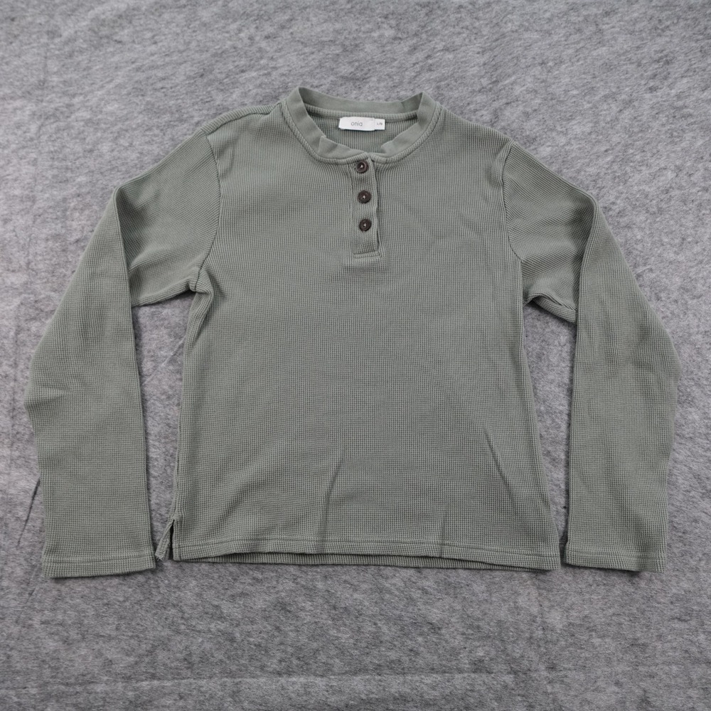 Onia Top‎ Womens Large Green Henley Thermal Waffle Knit Long Sleeve